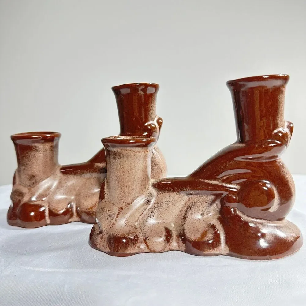 Frankoma Vintage Ceramic 304 Prairie Brown Double Candle Holder Set Of 2